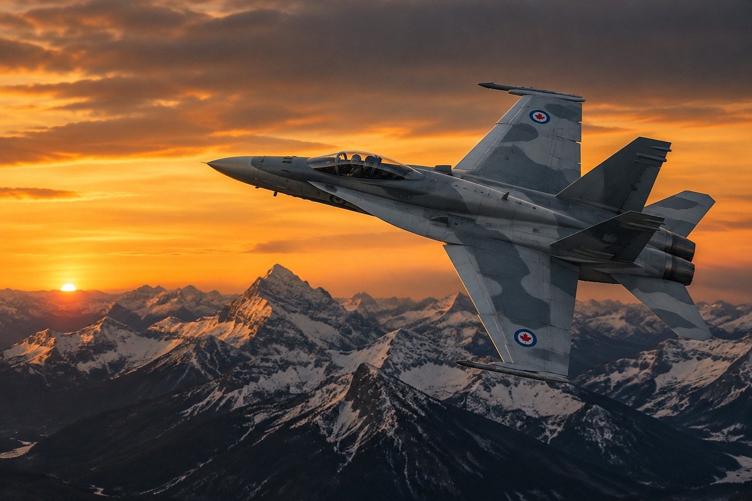 Royal Canadian Air Force fighter jet over the Rocky Mountains at sunset
