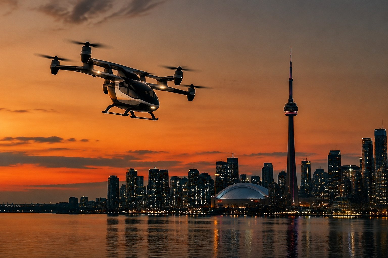 Electric air taxi flying over the Toronto skyline at dusk