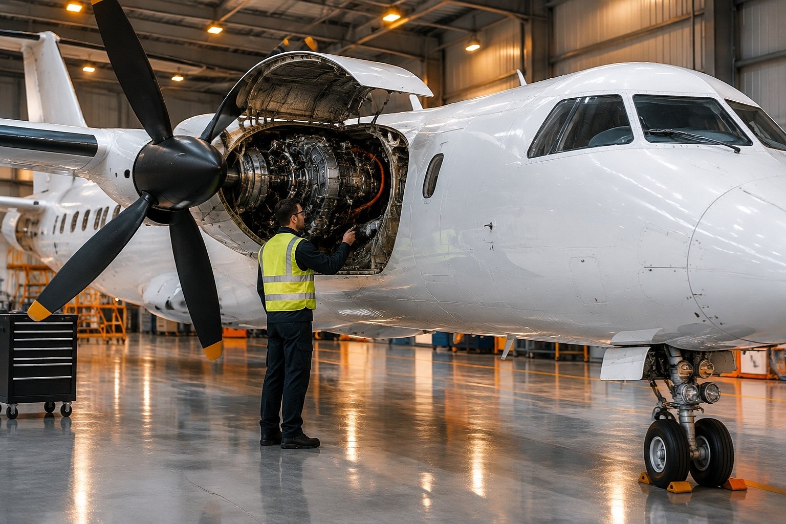 Aircraft maintenance engineer inspecting a turboprop engine in a hangar