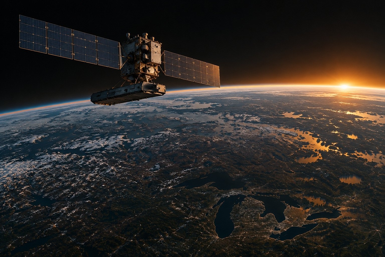 Canadian Earth observation satellite in orbit above the Great Lakes